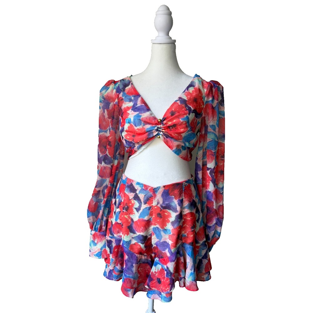 PatBO Floral Chiffon 2 Pcs Set Top Sz 4 Shorts Sz 6 Boho Resort‎ Vacation Outfit